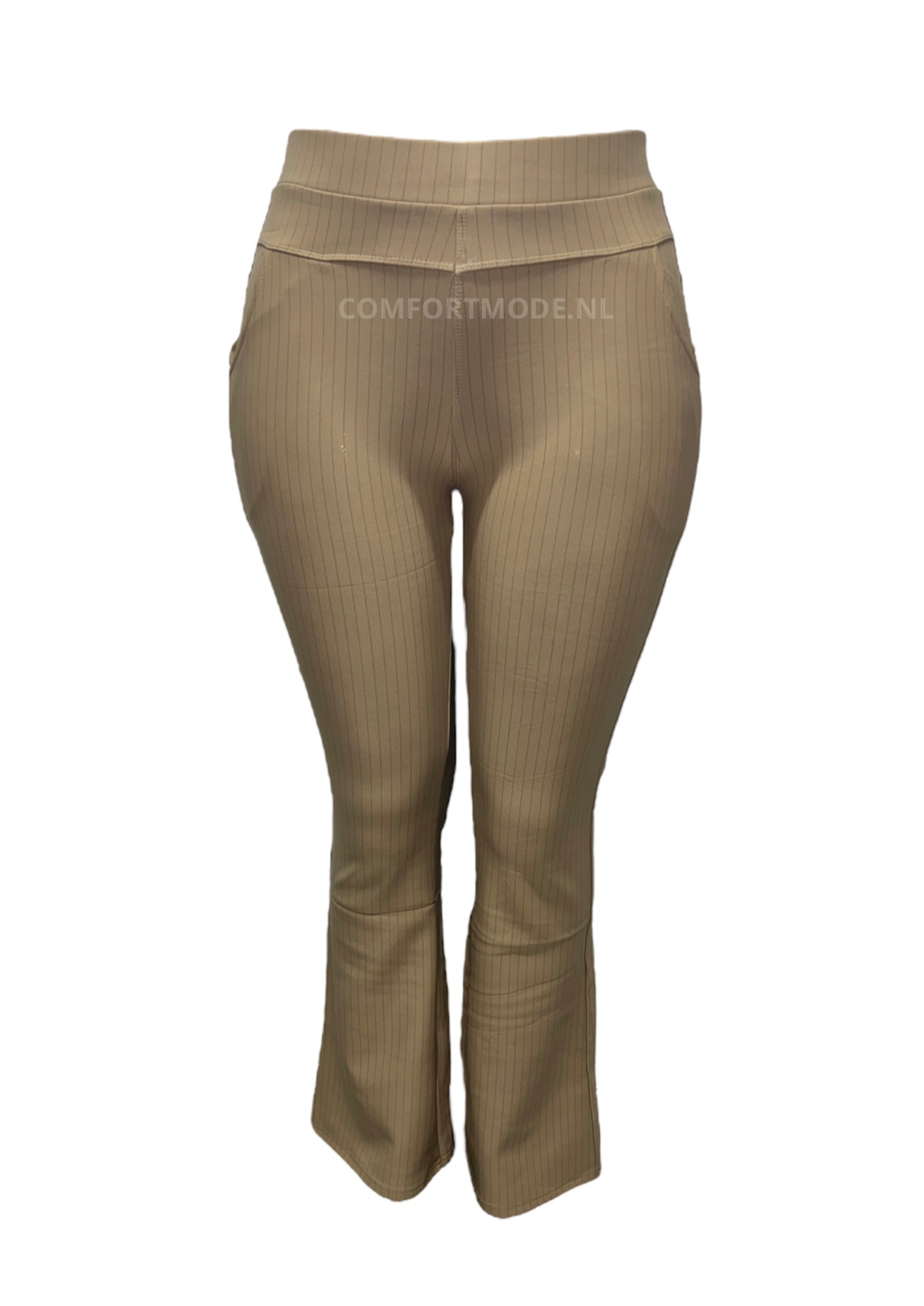 R227-1 -COMFORTBROEK BEIGE MET KRIJTSTREEP FLARED