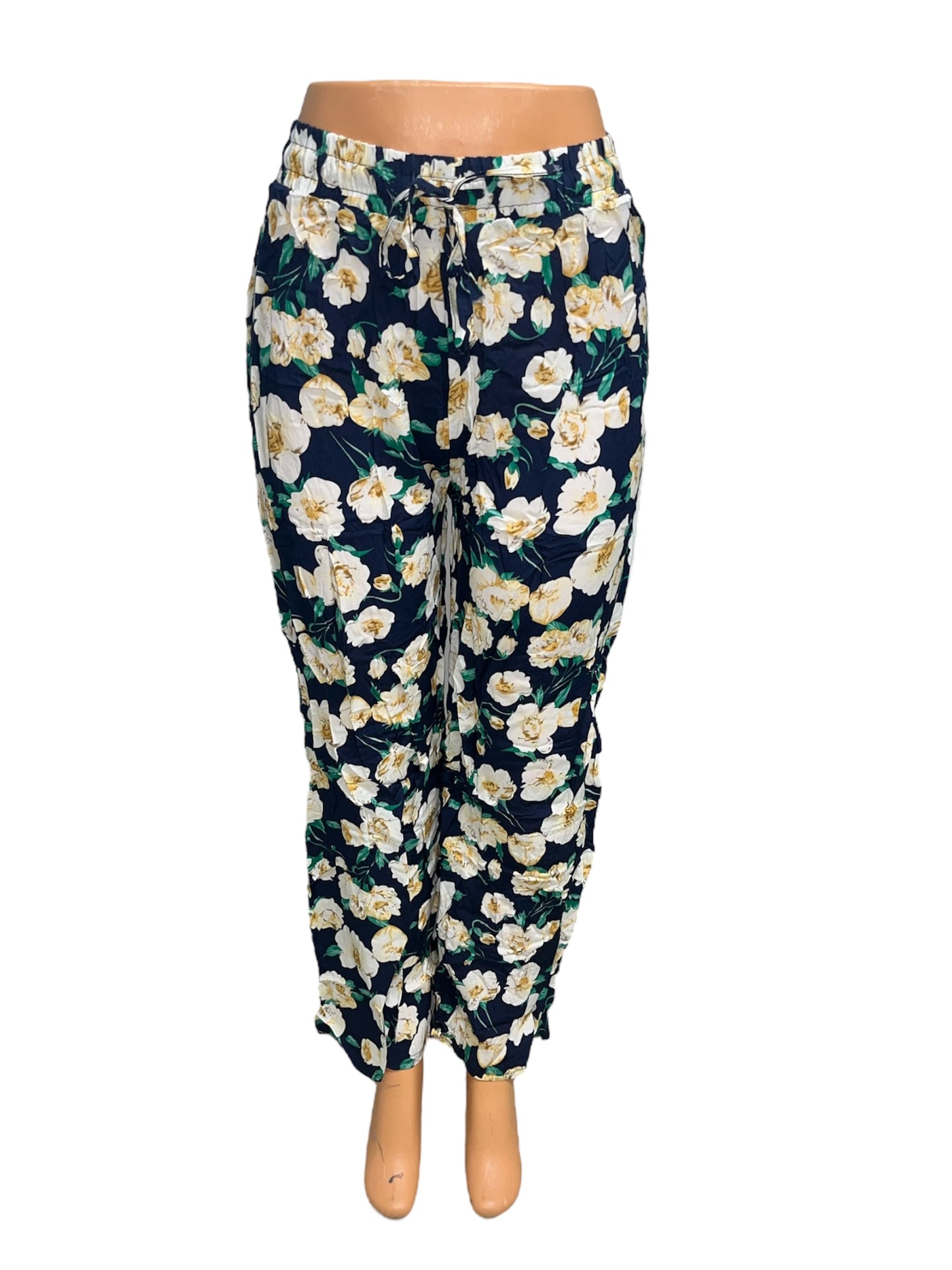 LUCHTIGE ZOMERBROEK MET PRINT NAVY/GEEL -JULIE