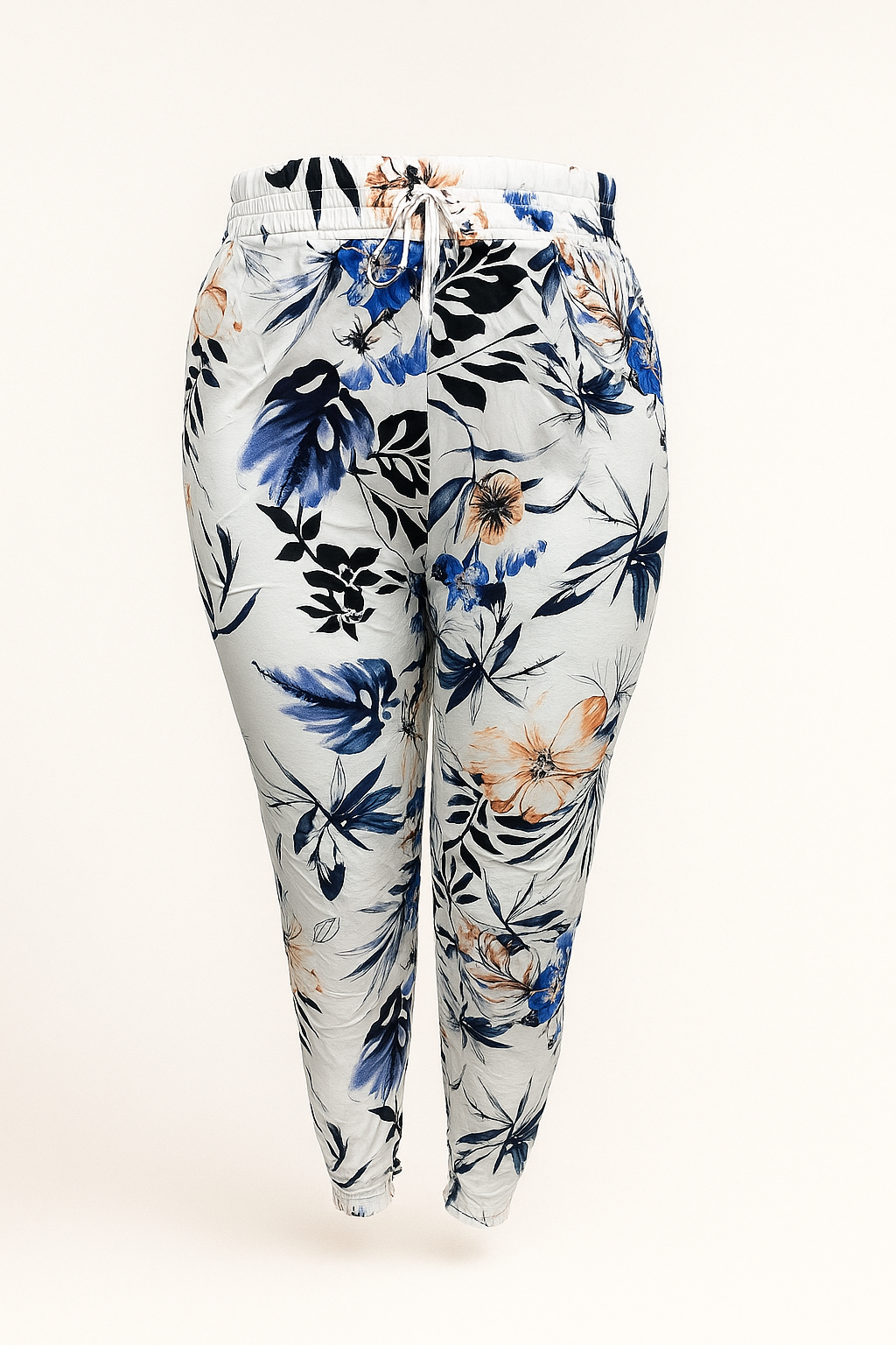 LUCHTIGE ZOMERBROEK MET PRINT WIT/BLAUW -PLUSSIZE