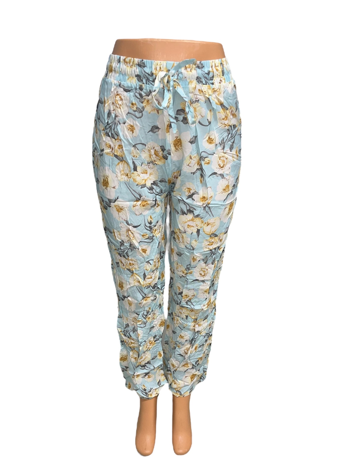 LUCHTIGE ZOMERBROEK MET PRINT BLAUW/GEEL -JULIE