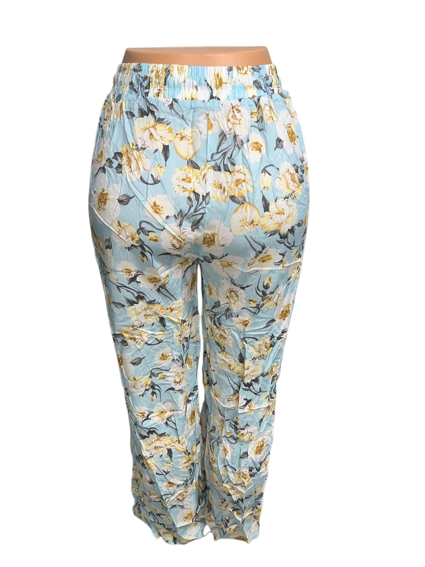LUCHTIGE ZOMERBROEK MET PRINT BLAUW/GEEL -JULIE