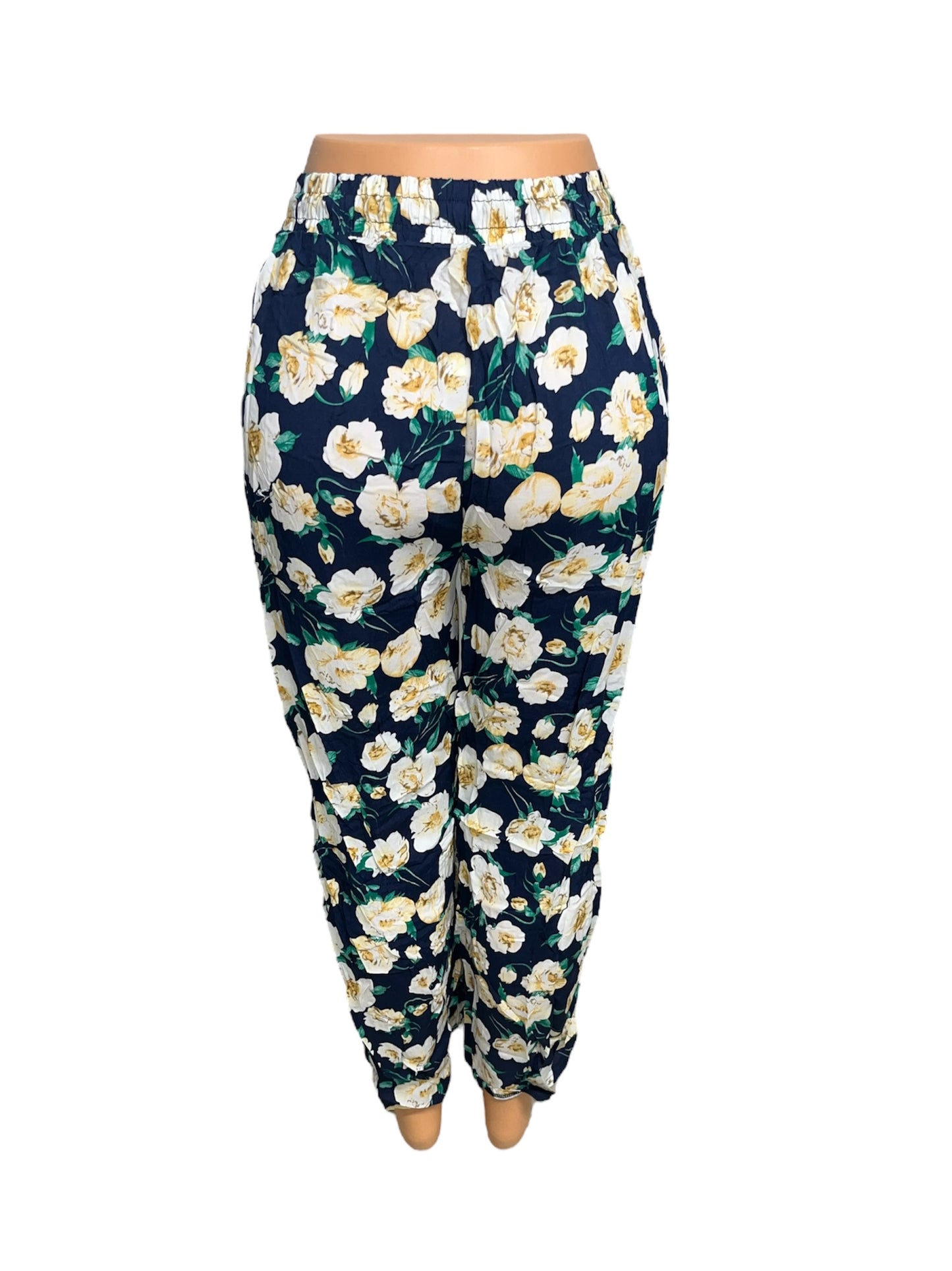 LUCHTIGE ZOMERBROEK MET PRINT NAVY/GEEL -JULIE