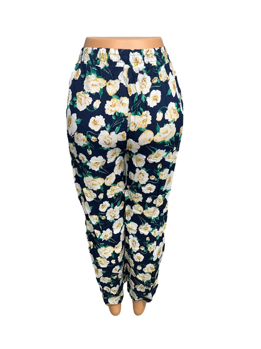 LUCHTIGE ZOMERBROEK MET PRINT NAVY/GEEL -JULIE