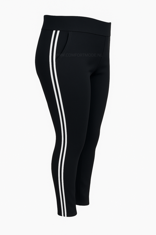 R269 -COMFORTBROEK ZWART MET WITTE STREPEN SPORT