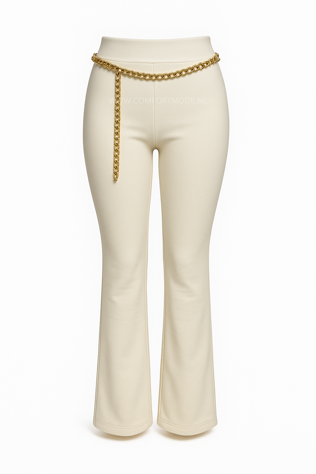 -COMFORTBROEK FLARED CREME MET GOUDEN KETTING