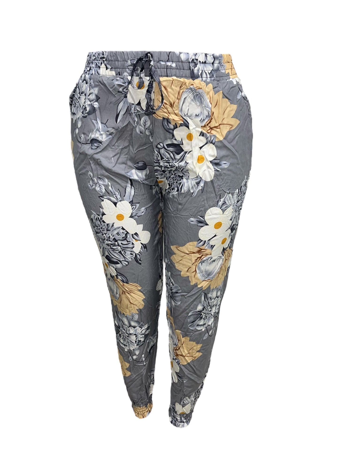LUCHTIGE ZOMERBROEK MET PRINT GRIJS/GEEL -PLUSSIZE