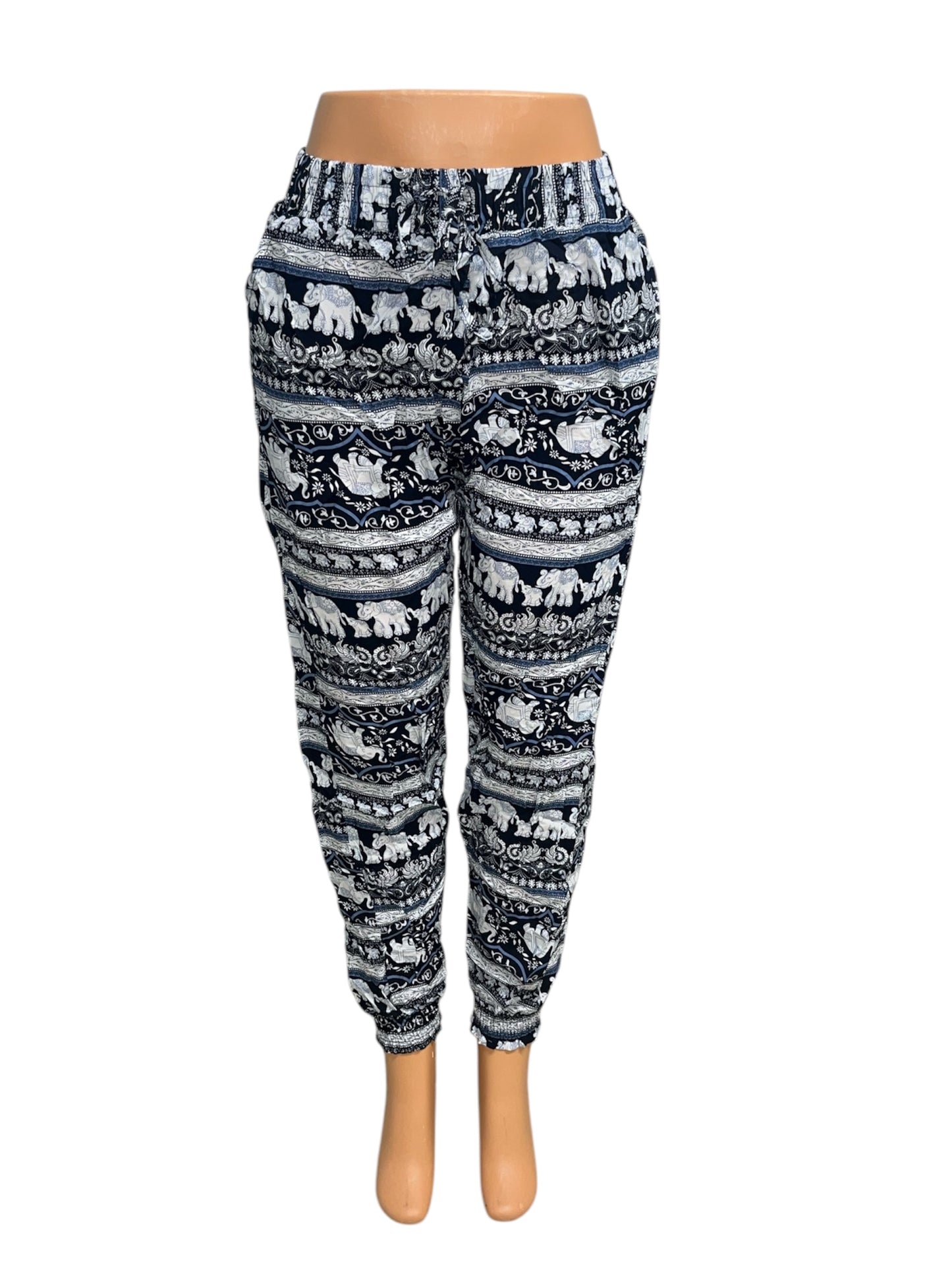 LUCHTIGE ZOMERBROEK MET PRINT NAVY/WIT -LISA