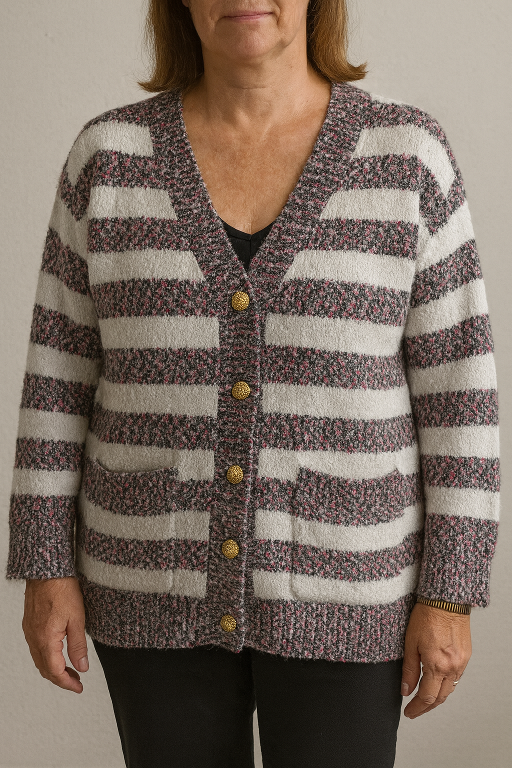 Gestreept gebreid vest- Zwart/Roze