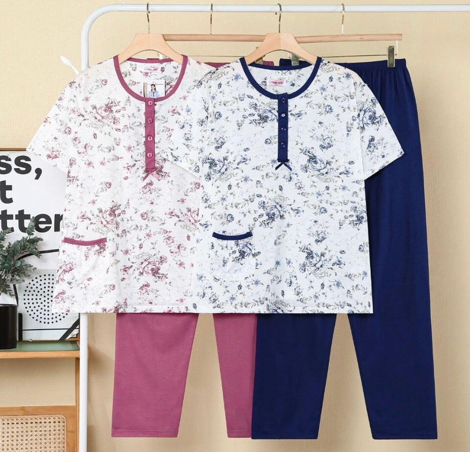 PYJAMA KORTE MOUW BLOEMEN -PLUSSIZE
