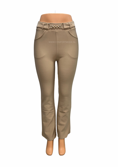 -COMFORTBROEK FLARED BEIGE GOUD RIEMPJE