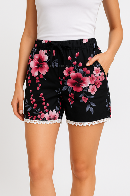 LUCHTIGE ZOMERBROEK MET PRINT ZWART/PAARS -KORTEBROEK