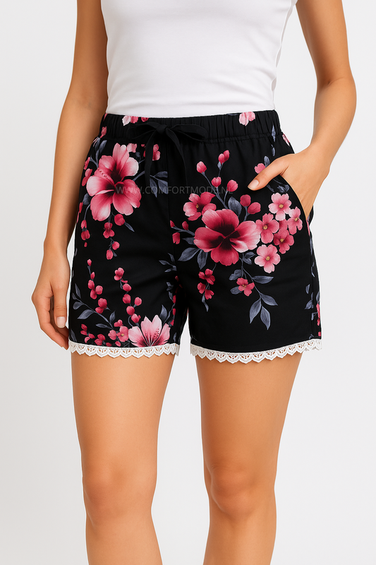 LUCHTIGE ZOMERBROEK MET PRINT ZWART/PAARS -KORTEBROEK