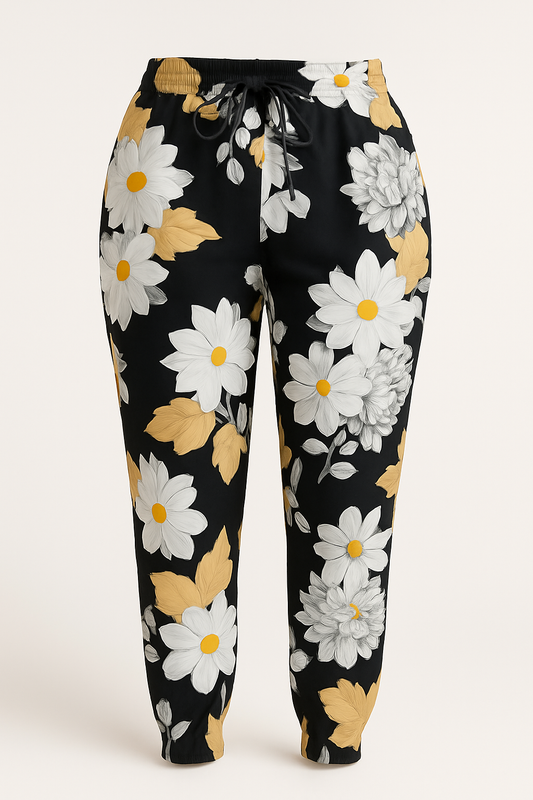 LUCHTIGE ZOMERBROEK MET PRINT ZWART/WIT -PLUSSIZE