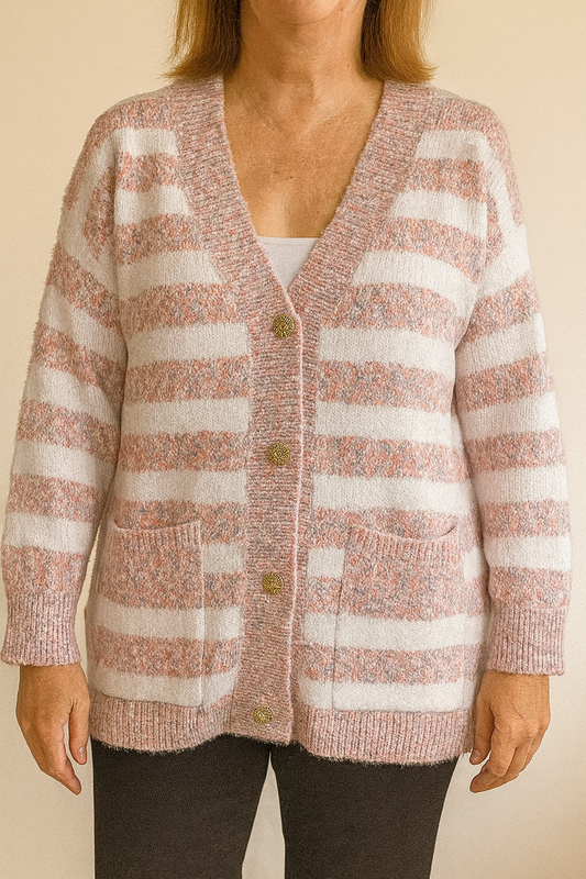 Gestreept gebreid vest- Roze/Wit