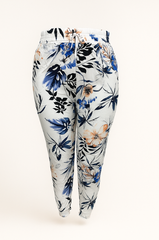 LUCHTIGE ZOMERBROEK MET PRINT WIT/BLAUW -PLUSSIZE