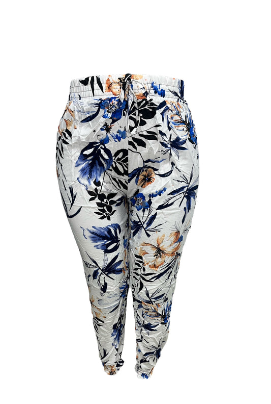 LUCHTIGE ZOMERBROEK MET PRINT WIT/BLAUW -PLUSSIZE