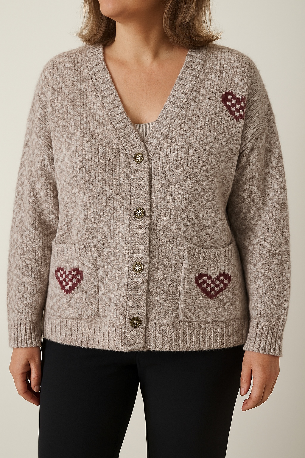 Gebreid vest met hartjes – taupe melange