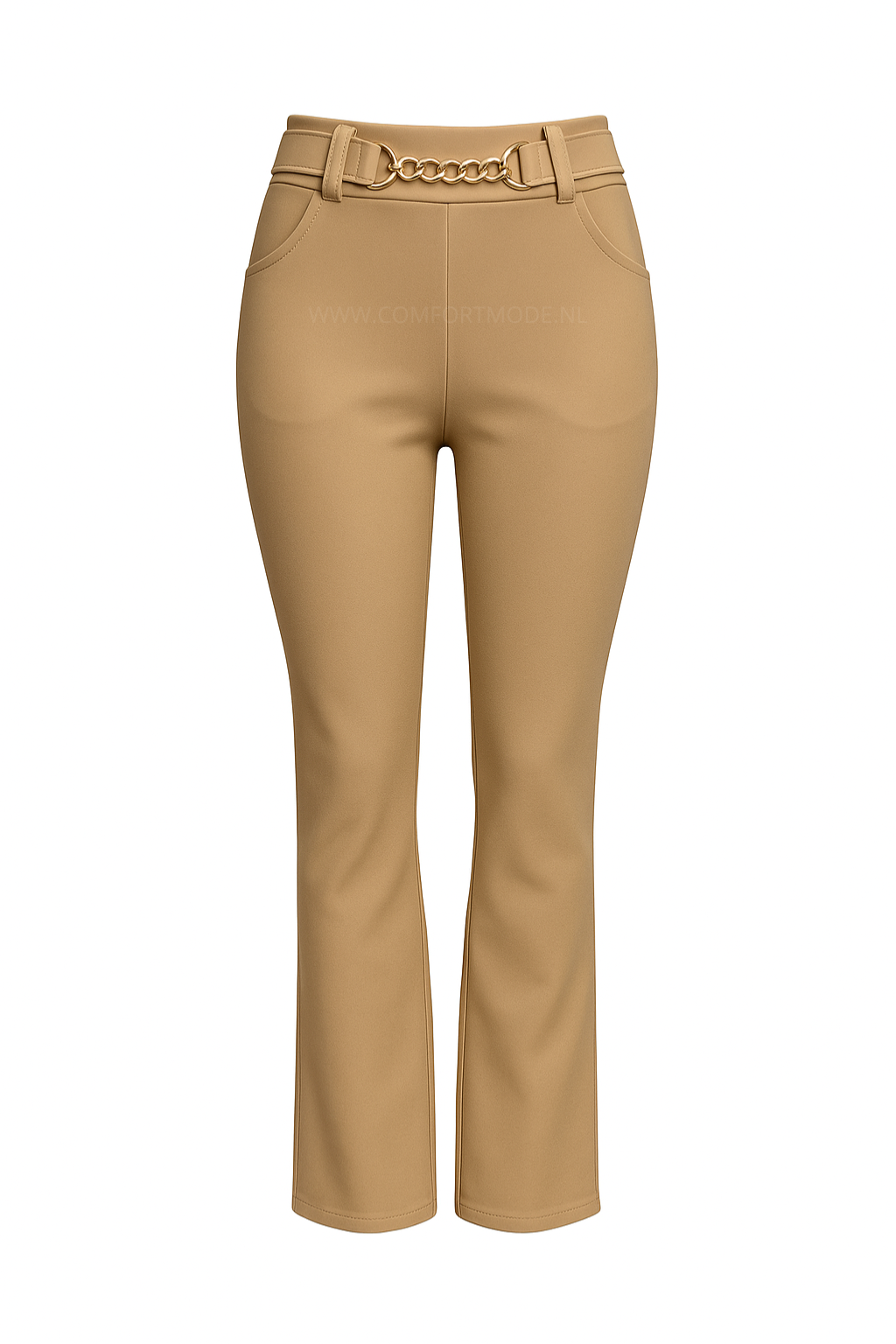 -COMFORTBROEK FLARED BEIGE GOUD RIEMPJE