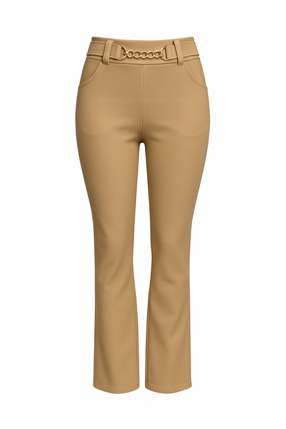 -COMFORTBROEK FLARED BEIGE GOUD RIEMPJE
