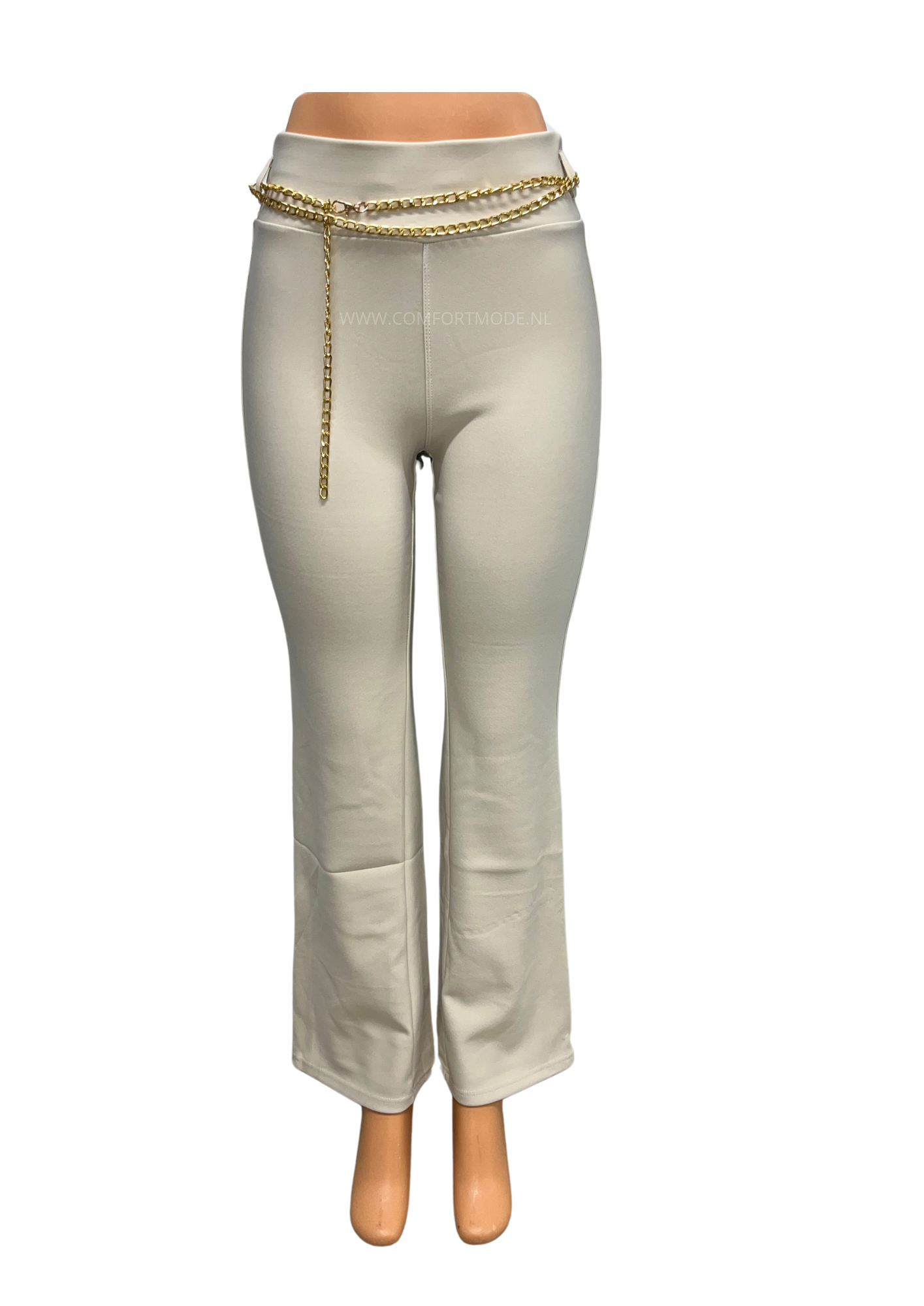 -COMFORTBROEK FLARED CREME MET GOUDEN KETTING