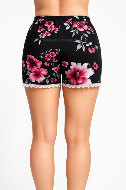 LUCHTIGE ZOMERBROEK MET PRINT ZWART/PAARS -KORTEBROEK