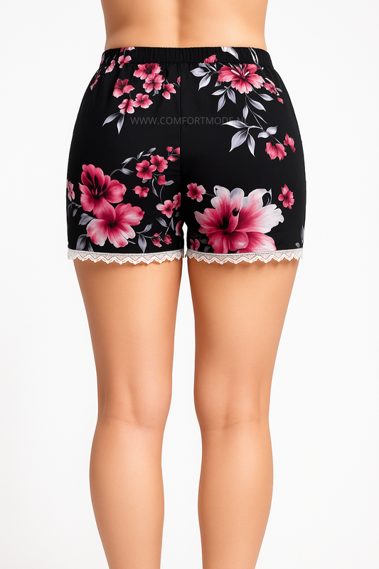 LUCHTIGE ZOMERBROEK MET PRINT ZWART/PAARS -KORTEBROEK