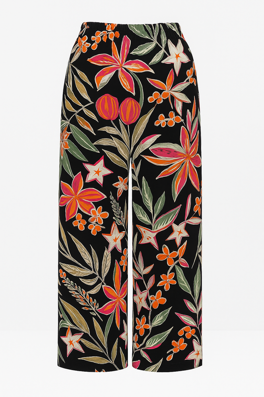 LUCHTIGE ZOMERBROEK MET PRINT ZWART/ORANJE -LISA