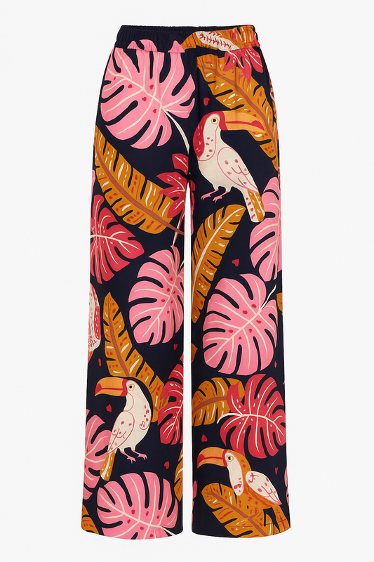 LUCHTIGE ZOMERBROEK MET PRINT ZWART/ROZE