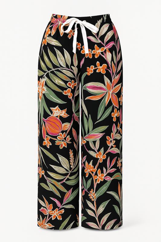 LUCHTIGE ZOMERBROEK MET PRINT ZWART/ORANJE -LISA