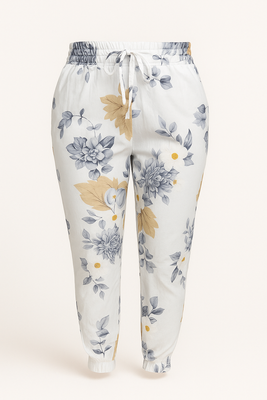 LUCHTIGE ZOMERBROEK MET PRINT WIT/GRIJS -PLUSSIZE