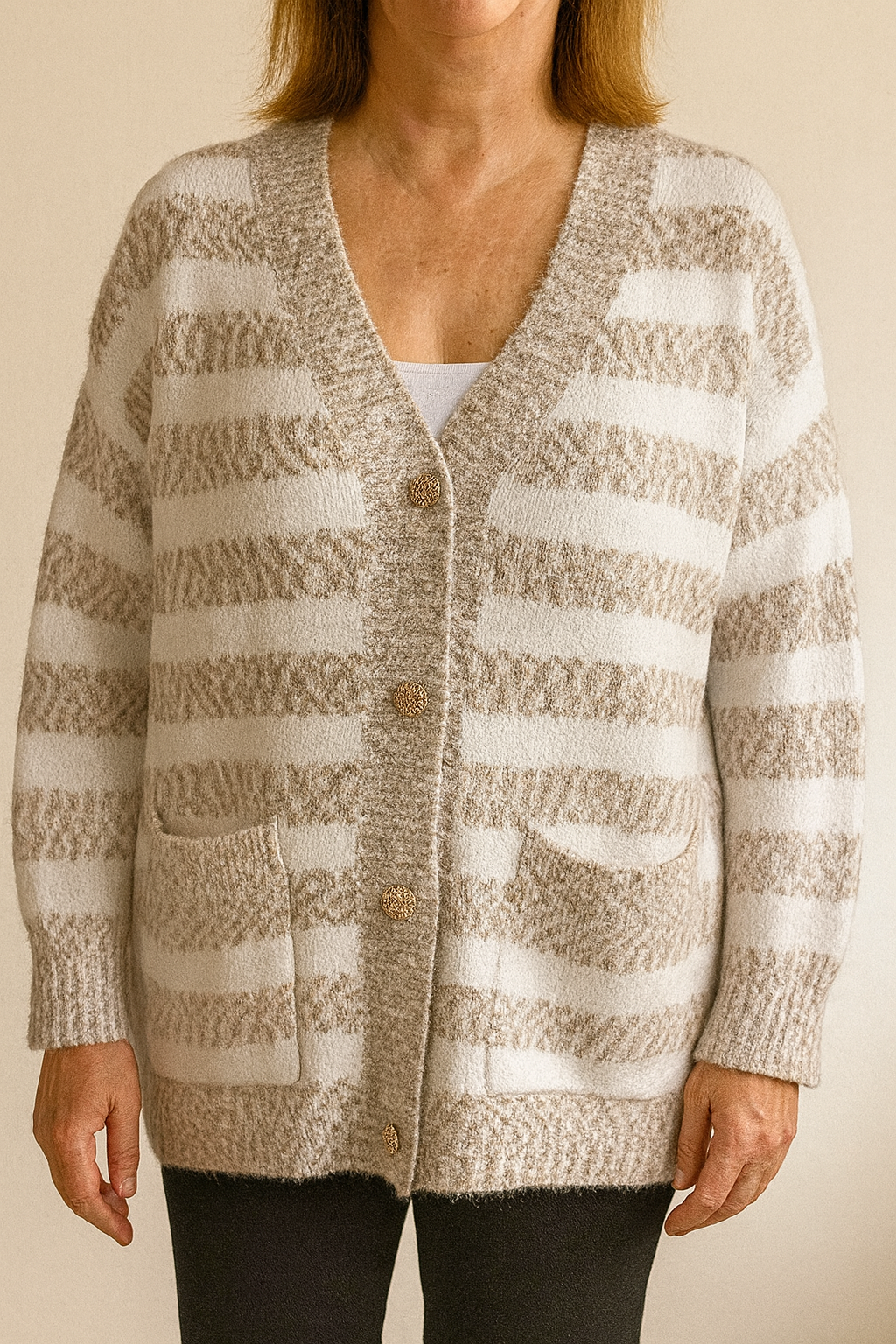 Gestreept gebreid vest- Beige/Wit