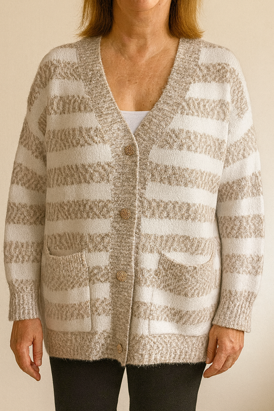 Gestreept gebreid vest- Beige/Wit