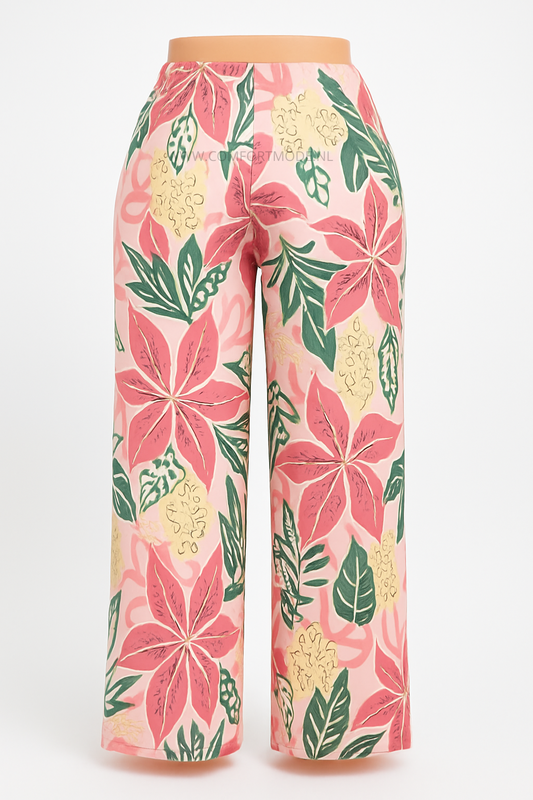 LUCHTIGE ZOMERBROEK MET PRINT ROZE/GROEN -LISA