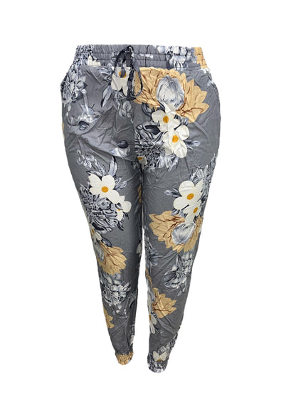 LUCHTIGE ZOMERBROEK MET PRINT GRIJS/GEEL -PLUSSIZE