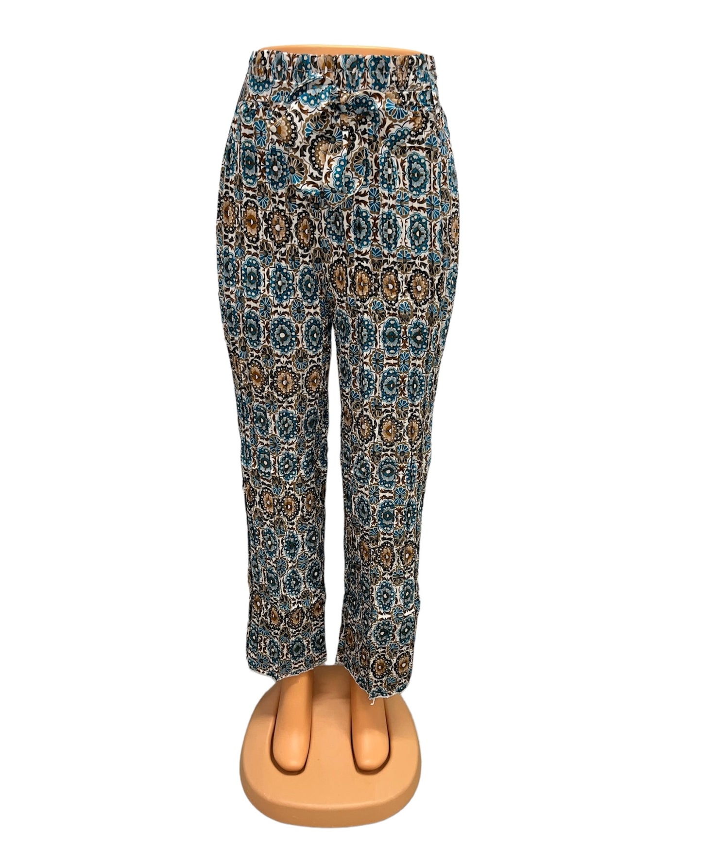 AIRY SUMMER PANTS WITH FLOWER PRINT BLUE/BROWN - NORA