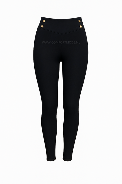-COMFORTBROEK ZWART MET GOUDEN KNOOPJES